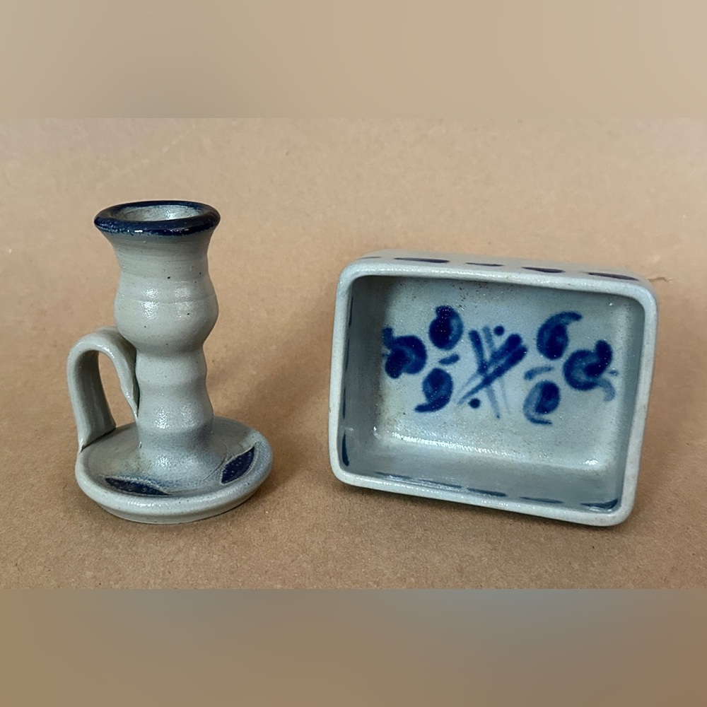 Salt-Glazed Pottery Cobalt Blue Accents Chamberstick Rectangular Dish